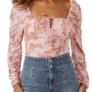 NWT - Free People Boho Hilary Pink Floral Smocked Cropped Top with Tie, Size L